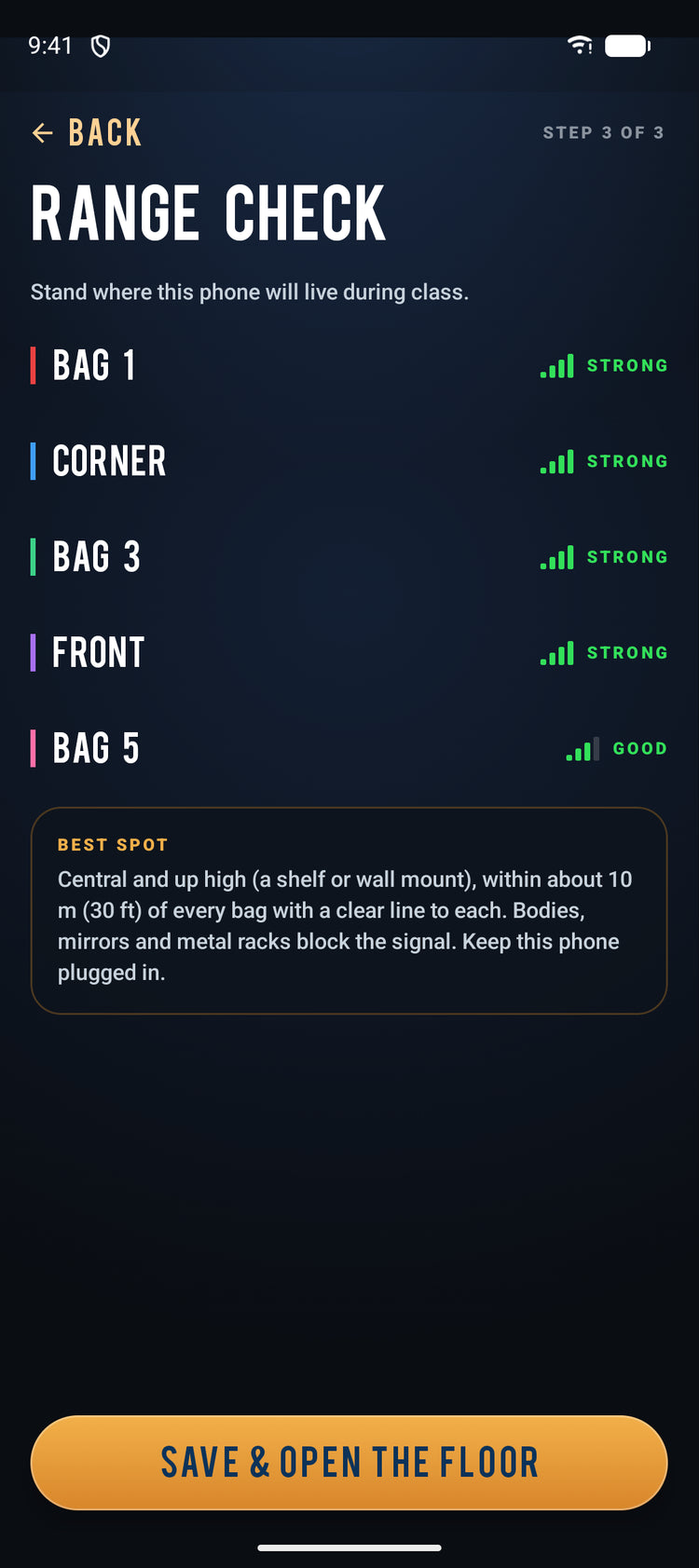 Gym Floor setup, range check: each named station rated STRONG or GOOD from where the phone will live, with tips for the best spot.
