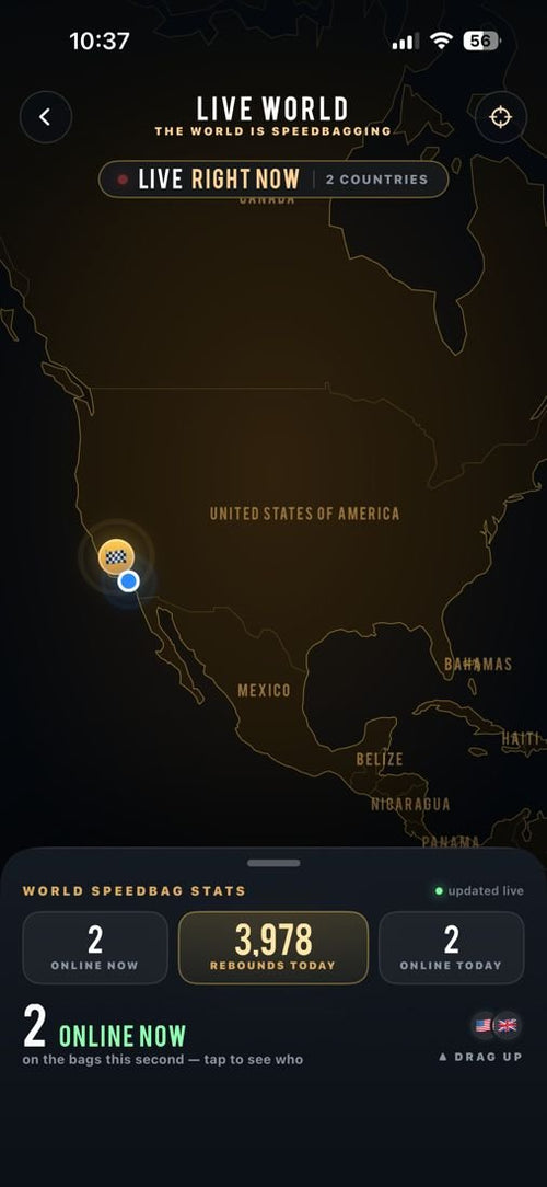 The app's Live World map, showing a bagger on a bag in Los Angeles