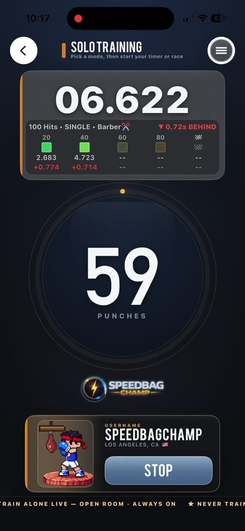 The app's Solo Training screen: a 06.622 timer, splits at every 20 hits, 59 punches