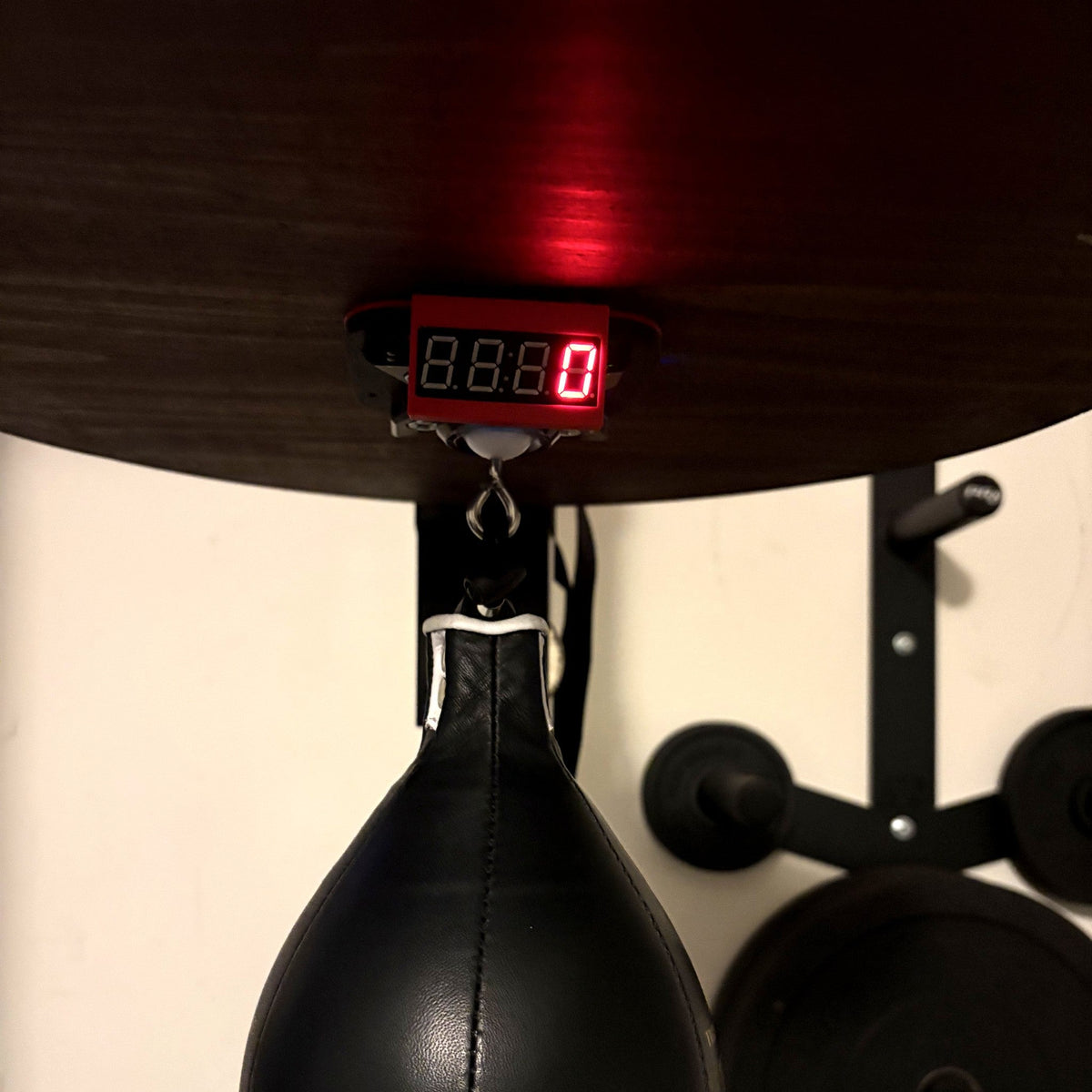 Counter only with the LED screen: the Speedbag Champ LED screen lit under a platform above a black speed bag
