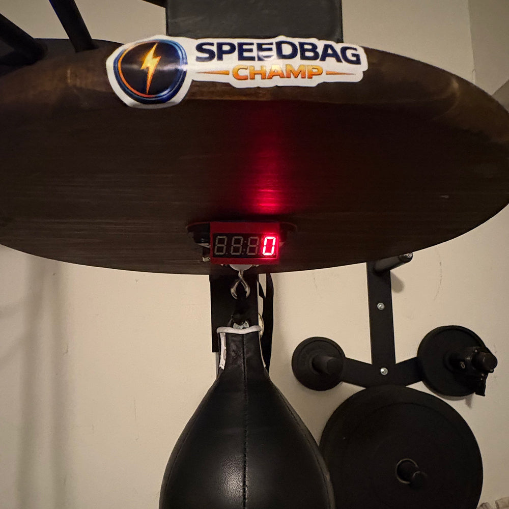 The Starter Bundle LED screen glowing under a Speedbag Champ platform, with the swivel and a black speed bag